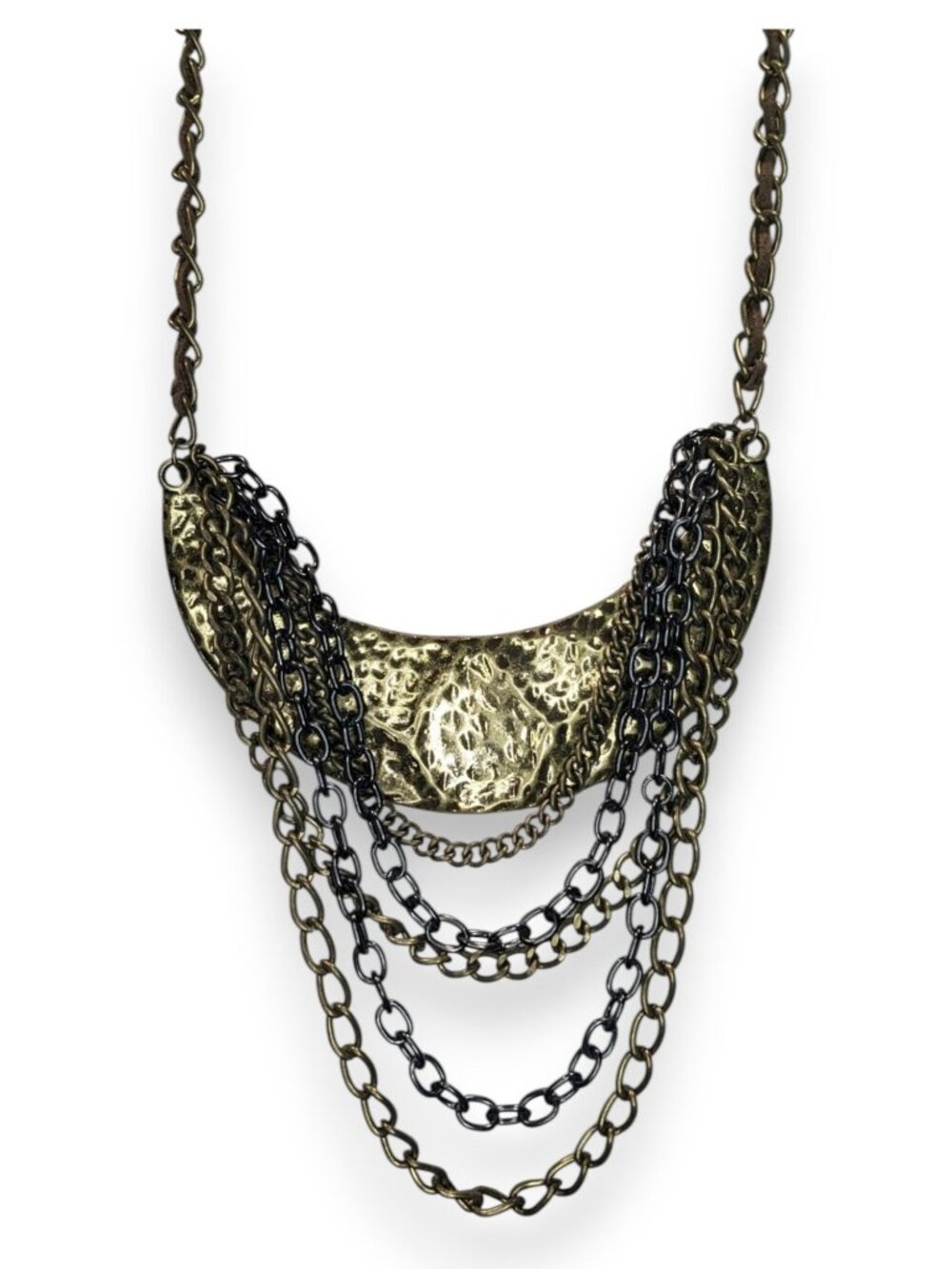 Vintage Brutalist Statement Metal Bronze Black Bib Necklace 15 Inch
